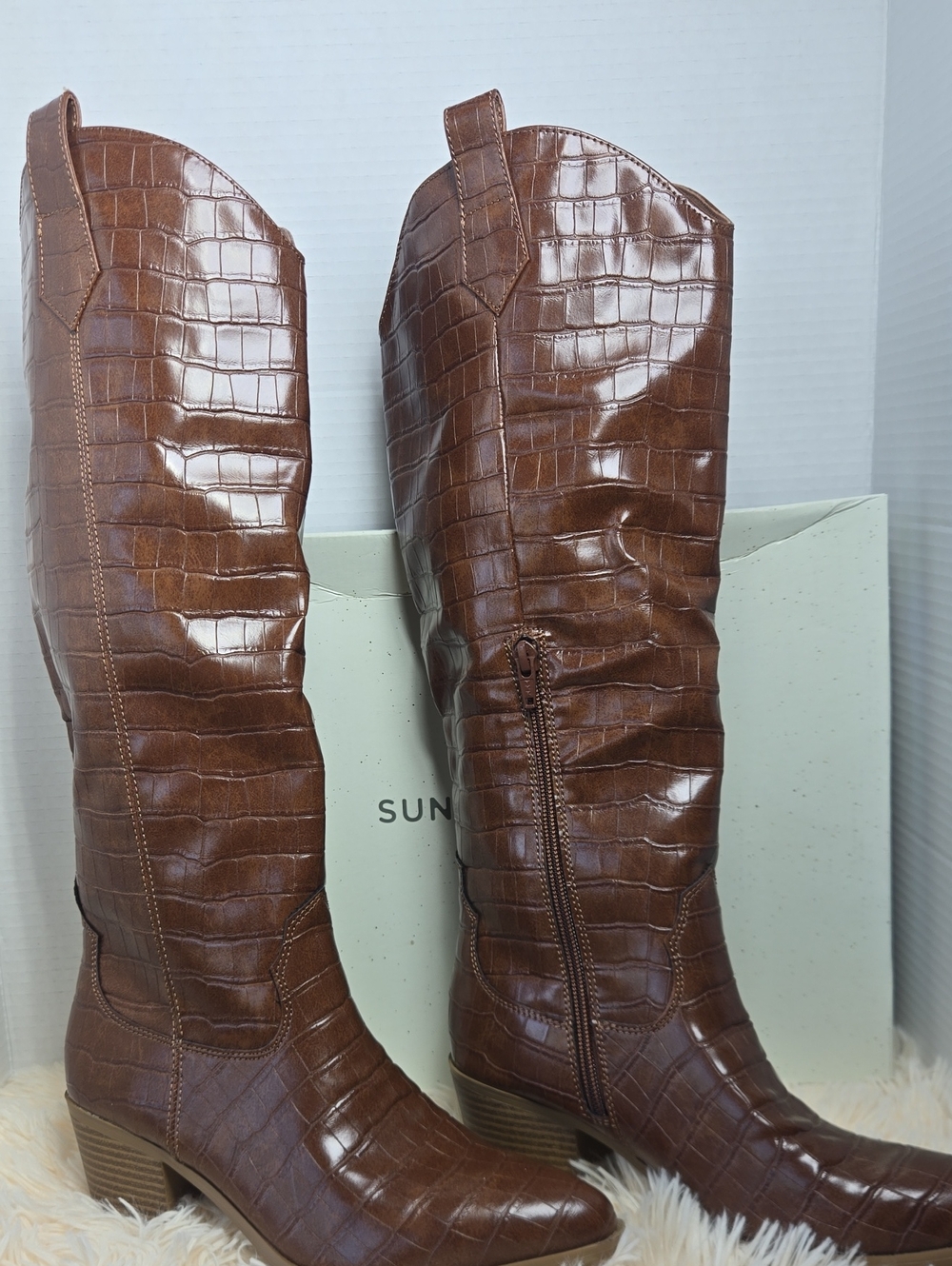 NWT Sun + Stone Brown Croc-Embossed Over-The-Knee Boots